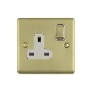 EN1SOSBW - Eurolite 1 Gang 13Amp DP Switched Socket Satin Brass with White Trim (Enhance Range)