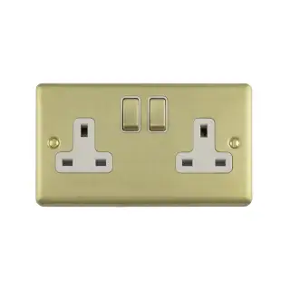 EN2SOSBW - Eurolite 2 Gang 13Amp DP Switched Socket Satin Brass with White Trim (Enhance Range)