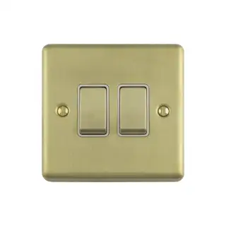EN2SWSBW - Eurolite 2 Gang 10Amp 2Way Switch Satin Brass with White Trim (Enhance Range)