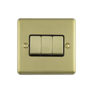 EN3SWSBB - Eurolite 3 Gang 10Amp 2Way Switch Satin Brass with Black Trim (Enhance Range)