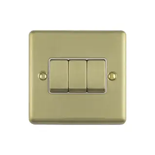EN3SWSBW - Eurolite 3 Gang 10Amp 2Way Switch Satin Brass with White Trim (Enhance Range)