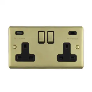 EN2USBCSBB - Eurolite 2 Gang 13Amp Switched Socket with 3.1Amp USB Outlets (1x Type A + 1x Type C) Satin Brass with Black Trim (Enhance Range)