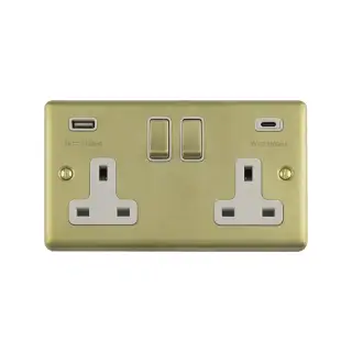 EN2USBCSBW - Eurolite 2 Gang 13Amp Switched Socket with 3.1Amp USB Outlets (1x Type A + 1x Type C) Satin Brass with White Trim (Enhance Range)