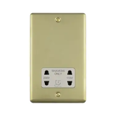 Click Here To Enlarge This Photo Of ENSHSSBW - Eurolite 2 Gang Shaver Socket 230/115V Satin Brass with White Trim (Enhance Range)