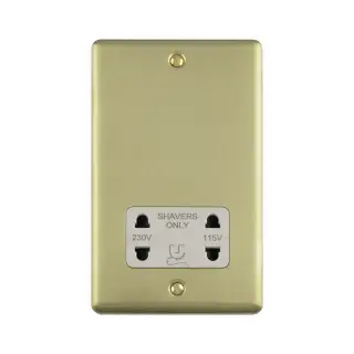 ENSHSSBW - Eurolite 2 Gang Shaver Socket 230/115V Satin Brass with White Trim (Enhance Range)