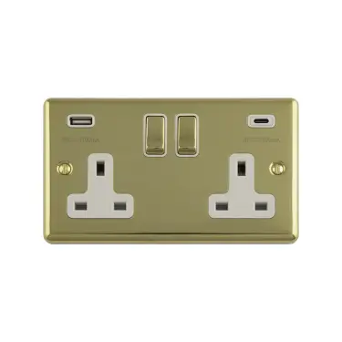 Click Here To Enlarge This Photo Of EN2USBCPBW - Eurolite 2 Gang 13Amp Switched Socket with 3.1Amp USB Outlets (1x Type A + 1x Type C) Satin Brass with White Trim (Enhance Range)