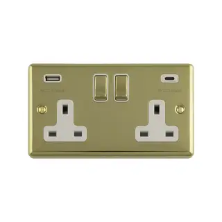 EN2USBCPBW - Eurolite 2 Gang 13Amp Switched Socket with 3.1Amp USB Outlets (1x Type A + 1x Type C) Satin Brass with White Trim (Enhance Range)