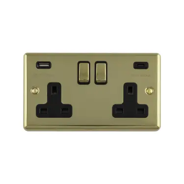 Click Here To Enlarge This Photo Of EN2USBCPBB - Eurolite 2 Gang 13Amp Switched Socket with 3.1Amp USB Outlets (1x Type A + 1x Type C) Satin Brass with Black Trim (Enhance Range)