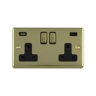EN2USBCPBB - Eurolite 2 Gang 13Amp Switched Socket with 3.1Amp USB Outlets (1x Type A + 1x Type C) Satin Brass with Black Trim (Enhance Range)