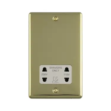 Click Here To Enlarge This Photo Of ENSHSPBW - Eurolite 2 Gang Shaver Socket 230/115V Polished Brass with White Trim (Enhance Range)
