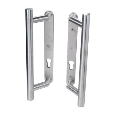 Click Here To Enlarge This Photo Of BLU Performance KM910 Patio Door Handle, Back to back handles, Euro cut-out backplates, No levers, 316 Satin Stainless Steel (KM910B-SSS)