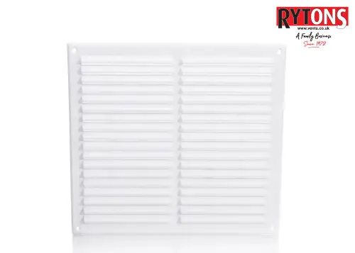 Click Here To Enlarge This Photo Of LV205FWH Rytons 9" x 9" White Plastic Louvred Vent c/w Flyscreen