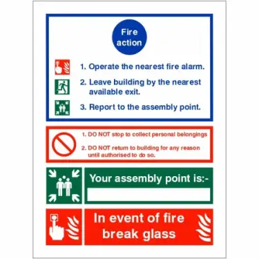 Click Here To Enlarge This Photo Of Self Adhesive Vinyl 3 Point Fire Action Notice Sign - "In Event Of Fire Break Glass" (Writable)