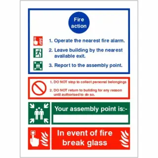 Self Adhesive Vinyl 3 Point Fire Action Notice Sign - "In Event Of Fire Break Glass" (Writable)