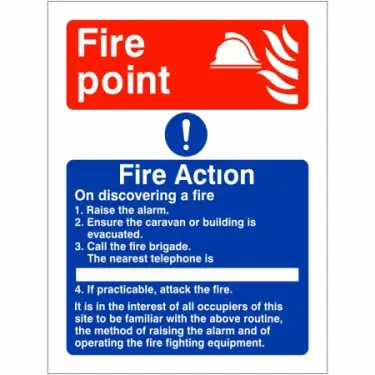 Click Here To Enlarge This Photo Of Rigid Plastic (1mm) 4 Point Fire Action Notice Sign For Caravans - "On Discovering a Fire"