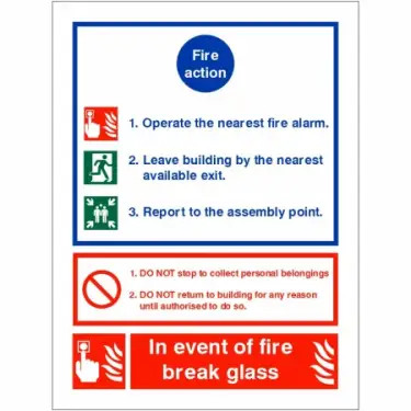 Click Here To Enlarge This Photo Of Self Adhesive Vinyl 3 Point Fire Action Notice Sign - "In Event Of Fire Break Glass"