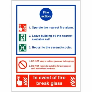 Self Adhesive Vinyl 3 Point Fire Action Notice Sign - "In Event Of Fire Break Glass"