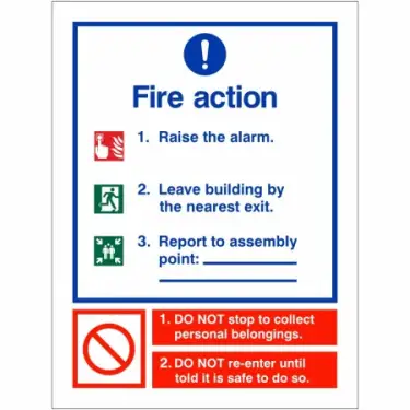 Click Here To Enlarge This Photo Of Self Adhesive Vinyl 3 Point Fire Action Notice Sign - Raise The Alarm (Assembly Pt Writable)