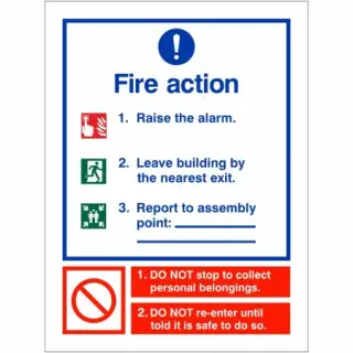 Self Adhesive Vinyl 3 Point Fire Action Notice Sign - Raise The Alarm (Assembly Pt Writable)
