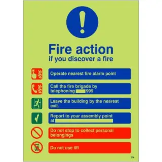 Photoluminescent (Glow in the Dark) Rigid Plastic (Class C) Fire Action Notice Sign - "If You Discover a Fire"