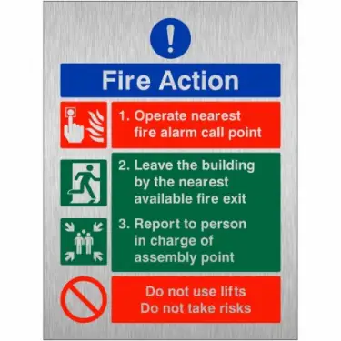 Click Here To Enlarge This Photo Of Brushed Aluminium (3mm) Operate Nearest Fire Alarm Call Point Sign