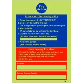 Photoluminescent (Glow in the Dark) Rigid Plastic (Class C) Hotel Guest House Fire Action Notice Sign