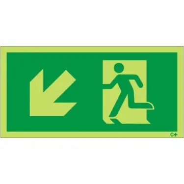 Click Here To Enlarge This Photo Of Photoluminescent (Glow in the Dark) Self Adhesive (Class C) Fire Exit Symbol Only with Arrow Down Left Sign