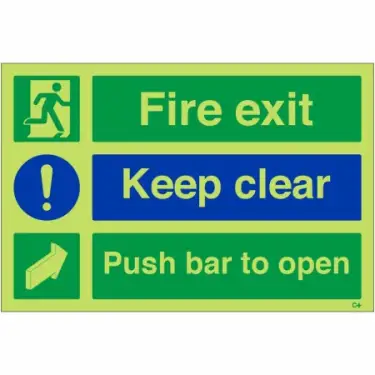 Click Here To Enlarge This Photo Of Photoluminescent (Glow in the Dark) Self Adhesive (Class C) "Fire Exit Keep Clear - Push Bar To Open" Sign