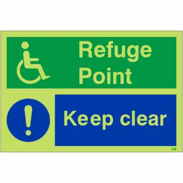 Click Here To Enlarge This Photo Of Photoluminescent (Glow in the Dark) Self Adhesive (Class C) Refuge Point Keep Clear Sign - 300mm x 200mm