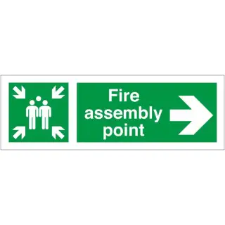 Self Adhesive Vinyl Fire Assembly Point Sign With Right Arrow - 400mm x 150mm