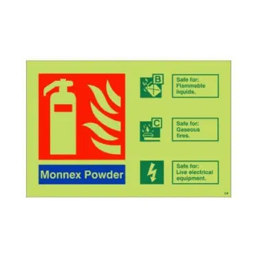 Click Here To Enlarge This Photo Of Photoluminescent (Glow in the Dark) Rigid Plastic (Class C) Monnex Powder Fire Extinguisher ID Sign - 150mm x 100mm