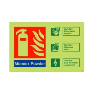 Photoluminescent (Glow in the Dark) Self Adhesive (Class C) Monnex Powder Fire Extinguisher ID Sign - 150mm x 100mm
