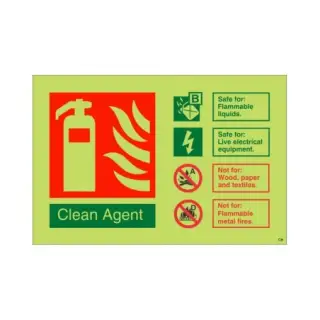 Photoluminescent (Glow in the Dark) Self Adhesive (Class C) Clean Agent Fire Extinguisher ID Sign - 150mm x 100mm