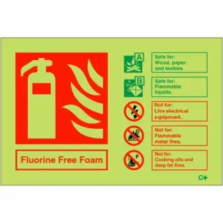 Photoluminescent (Glow in the Dark) Self Adhesive (Class C) Fluorine Free Foam Fire Extinguisher ID Sign - 150mm x 100mm
