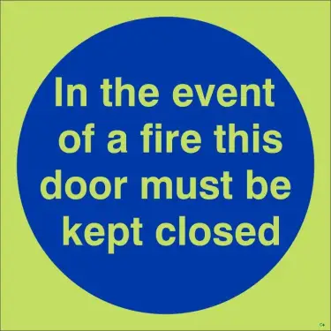 Click Here To Enlarge This Photo Of Photoluminescent (Glow in the Dark) Self Adhesive (Class C) In The Event Of A Fire This Door Must Be Kept Closed Door Sign - 100mm x 100mm