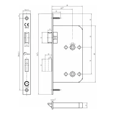 Click Here To Enlarge This Photo Of Eclipse 71413 DIN Bathroom Lock 60mm - (22mm Square Forend) - Satin Stainless Steel