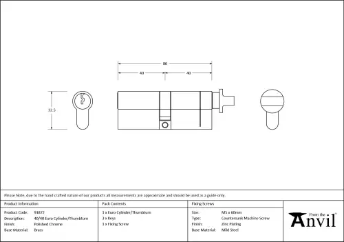 Click Here To Enlarge This Photo Of 91872 From The Anvil Polished Chrome 40/40 Euro Profile Cylinder & Turn