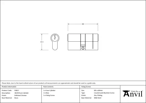 Click Here To Enlarge This Photo Of 91857 From The Anvil Polished Chrome 30&sol;30 Euro Profile Double Cylinder