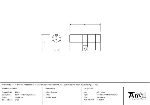 Click Here To Enlarge This Photo Of 45823 From The Anvil Aged Brass 30/30 5pin Euro Profile Double Cylinder (Keyed Alike)