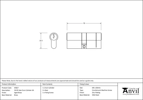 Click Here To Enlarge This Photo Of 45827 From The Anvil Aged Brass 35/35 5pin Euro Profile Double Cylinder (Keyed Alike)