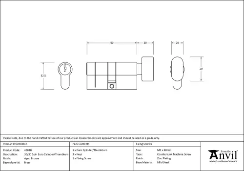 Click Here To Enlarge This Photo Of 45840 From The Anvil Aged Bronze 30/30 5pin Euro Profile Cylinder & Turn