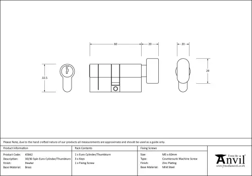 Click Here To Enlarge This Photo Of 45842 From The Anvil Pewter 30/30 5pin Euro Profile Cylinder & Turn
