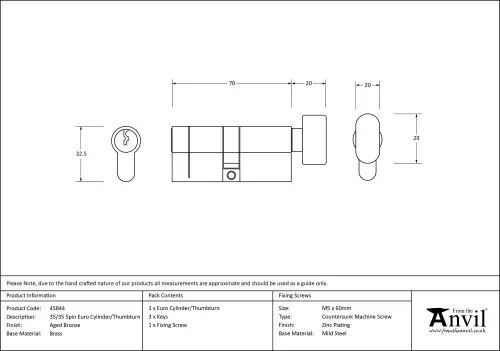 Click Here To Enlarge This Photo Of 45844 From The Anvil Aged Bronze 35/35 5pin Euro Profile Cylinder & Turn