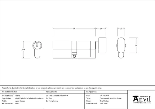 Click Here To Enlarge This Photo Of 45848 From The Anvil Aged Bronze 40/40 5pin Euro Profile Cylinder & Turn