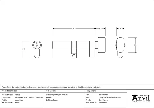 Click Here To Enlarge This Photo Of 45851 From The Anvil Aged Brass 40/40 5pin Euro Profile Cylinder & Turn