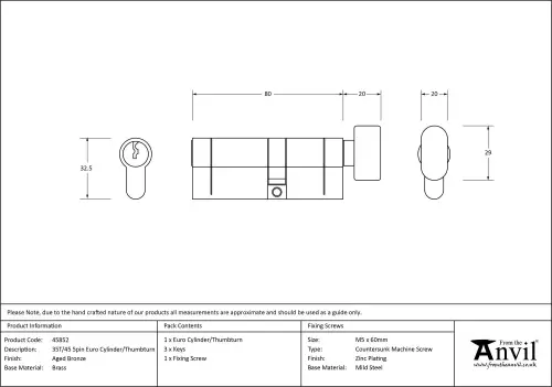 Click Here To Enlarge This Photo Of 45852 From The Anvil Aged Bronze 35T/45 5pin Euro Profile Cylinder & Turn