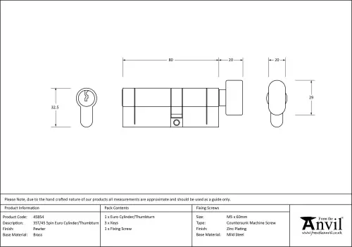 Click Here To Enlarge This Photo Of 45854 From The Anvil Pewter 35T/45 5pin Euro Profile Cylinder & Turn