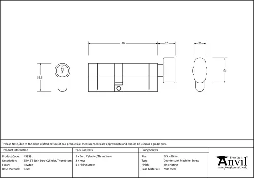 Click Here To Enlarge This Photo Of 45858 From The Anvil Pewter 35/45T 5pin Euro Profile Cylinder & Turn