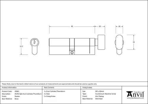 Click Here To Enlarge This Photo Of 45862 From The Anvil Pewter 45/45 5pin Euro Profile Cylinder & Turn