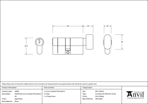 Click Here To Enlarge This Photo Of 45867 From The Anvil Aged Brass 30/30 5pin Euro Profile Cylinder & Turn (Keyed Alike)